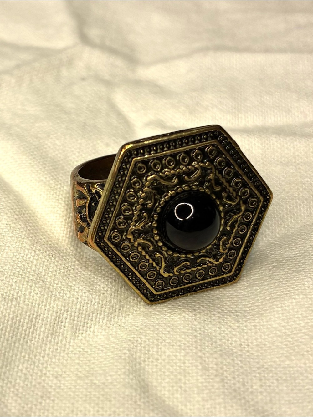 Vintage Antiqued Brass Tone Hexagon Black Onyx Style Statement Ring